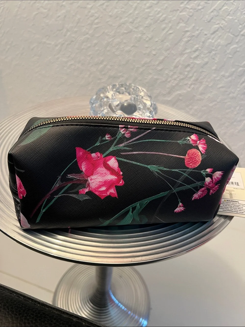Ted Baker NWT Black Floral Makeup Bag with Pink Roses